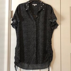 DR2 Polked Dot Short Sleeve Button Down with Ruffle Sleeve